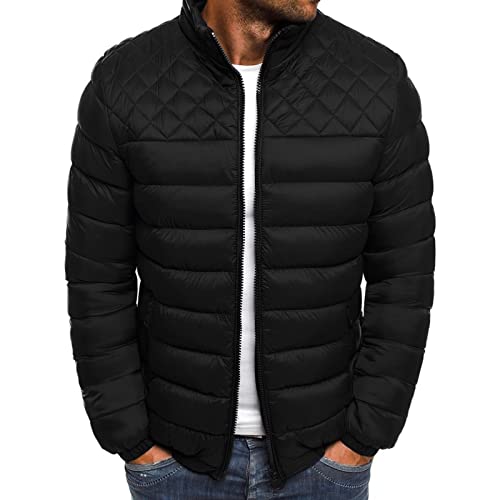 Wenkomg1 Mens Rib Puffer Jacket,Winter Fall Half Diamond Quilted Long Sleeve Lightweight Varsity Coat Casual Outerwear,Hoodies Ugly Christmas Sweater Jackets Sweatshirts For Men(A-Black,Large) #TOP18