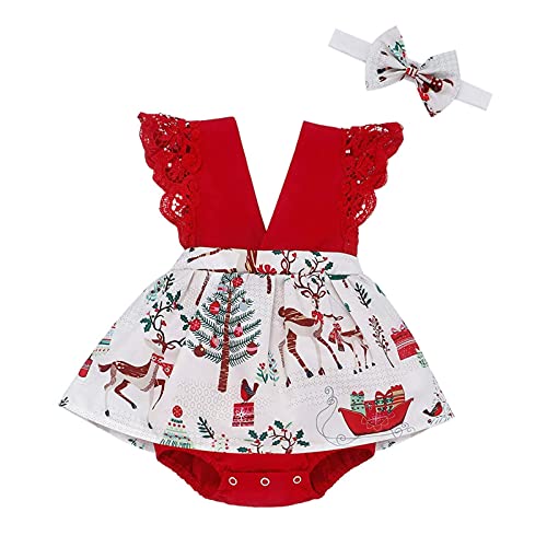 Psafagsa Robe de Noël bébé Fille Nouveau-né Barboteuse Robes sans Manches avec Bandeau Tenue de Noël Blanc et Rouge 3-6 Mois Cover