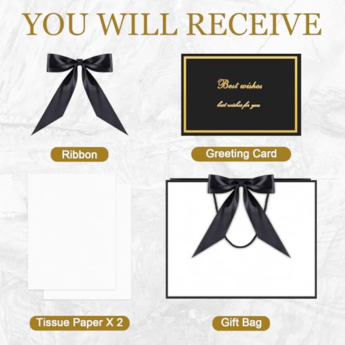 Image of JMANNI Gift Bags with Handles, 13 inch Medium Gift Bag for Presents, 1 Pcs Bags with 2 Tissue Paper and 1 Cards for Graduation Baby Shower Wedding Fathers Day Mother's Day Birthday Party（white-black）