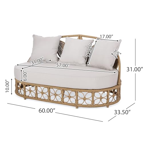 Image of Merax Outdoor Wicker Daybed with Water Resistant Cushion and 3 Throw Pillows, Boho Patio 60 inch Rattan Sun Day Bed for Lawn Garden Backyard Pool, All-Weather, Light Brown