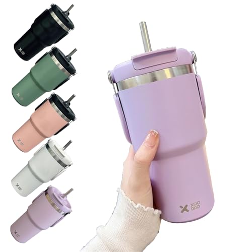 タンブラー 600ml 水筒 ストロー付き ウォーターボトル 蓋付き 真空断熱 保温 保冷 ステンレスボトル 広口 直飲み 二重構造 アウトドア 取っ手付き 持ち運び こぼれない,600ml パープル