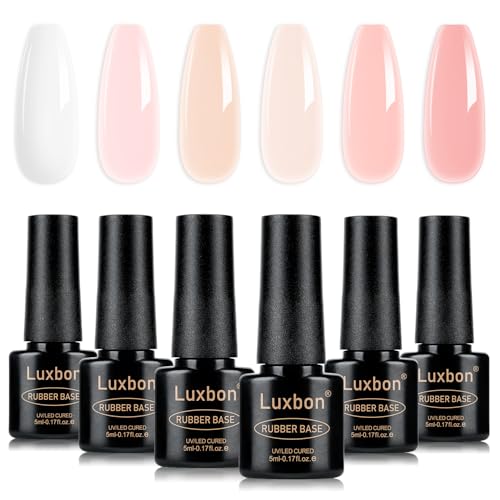 Luxbon 5 EN 1 Base Rubber Color Gel Esmaltes de Uñas Semipermanentes Set, 6 Colores Apex Building Nude Autonivelante rosa melocotón Neutro para uñas UV LED Soak Off Kit 008