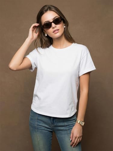 Image of JUNEBERRY Pure 100% Cotton Oversized Loose Fit Drop Shoulder Round Neck Boyfriend Fit Solid Half Sleeves T-Shirt for Women & Girls (Sizes: S to 2XL)