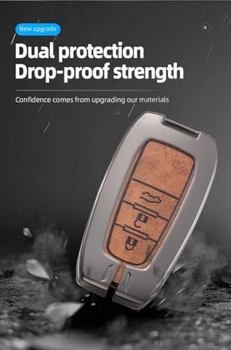 Image of Zinc Metal Alloy Leather Car Key Cover & Case Brown with Keychain & Holder Compatible for Maruti Suzuki Invicto (3 Button Push Smart Key)