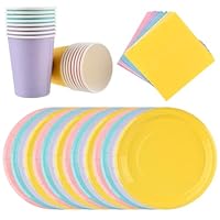 DODUOS 48 Rainbow Paper Plates, Cups & Napkins Set, Perfect Size for Parties, Birthdays, Weddings & DIY Projects, Blue, Yellow, Pink, Purple, 16 Plates, 16 Cups, 16 Napkins