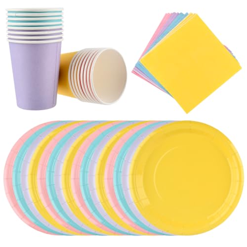 DODUOS 48 Rainbow Paper Plates, Cups & Napkins Set, Perfect Size for Parties, Birthdays, Weddings & DIY Projects, Blue, Yellow, Pink, Purple, 16 Plates, 16 Cups, 16 Napkins