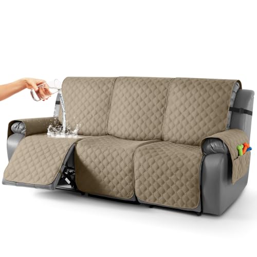 Image of TAOCOCO 100% Waterproof Recliner Covers With Leg Straps, Reversible Recliner Couch Cover For Reclining Chair, Washable Couch Protector For Pets Kids (3 Seater, Khaki)
