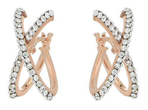 DelPia, Pendientes en Forma de "X" en Oro 18 Quilates y Plata de Ley con Cristales (Rosa, 11x19mm)