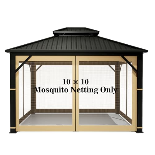 Gazebo Universal Replacement Mosquito Netting  Hugline 10' x 10' Outdoor Mesh Netting Screen 4-Panel Sidewall Curtain with Zipper (Beige)