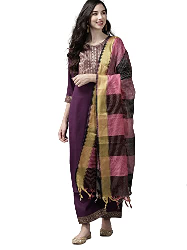 INDO ERA Women's Cotton Blend Yoke Design Straight Kurta Palazzo With Dupatta Set(KD4BK4024)