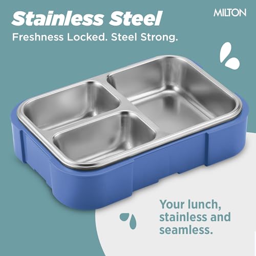 Image of Milton Bravo 3 Inner Stainless Steel Tiffin Box for School, 3 Partition, Steam Release Plug| PU Insulated, Leak-Proof, Food Grade I Lunch Box for Kids Boys,Girls with Snap Lock Lid, 600 ml, Light Blue