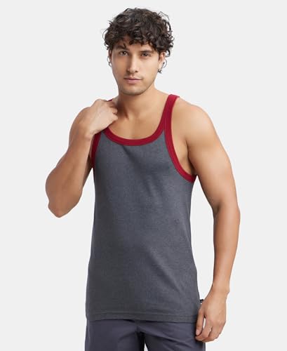 Image of Jockey US27 Men's Super Combed Cotton Rib Square Neck Gym Vest (Shoulder Strap Color May Vary) Charcoal & Red Pepper L
