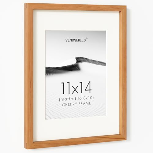 Image of 11x14 Picture Frame, USA-Sourced Natural Cherry Wood Photo Collage Frame with HD Tempered Glass, Modern Simple 11 x 14 Wooden Frame Matted to 8x10, Vertical & Horizontal Wall Hanging Display