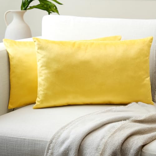 Image of Encasa XO Velvet Throw Pillow Covers 12x20 in (30x50 cm) - Lemon Yellow - No Inserts, Pack of 2 Cases | Solid Plain Dyed Soft & Smooth, Square Decorative Cushion Covers for Living & Bedroom