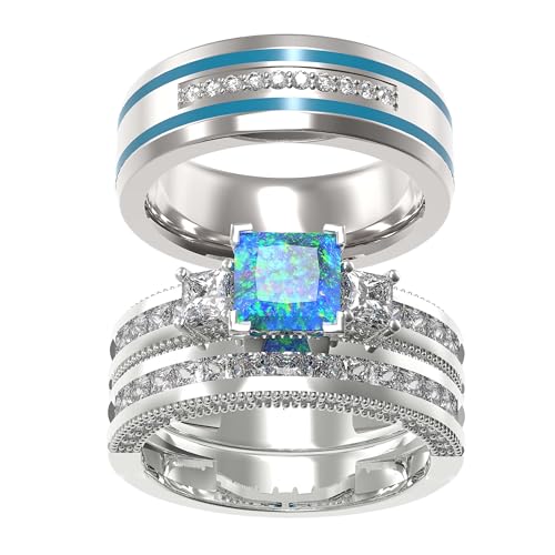 TWO RINGS Wedding Ring Sets His And Hers Promise Ring Couples Bridal Sets Women 925 Sterling Silver Opal Man Titanium Brushed Finished Wedding Band