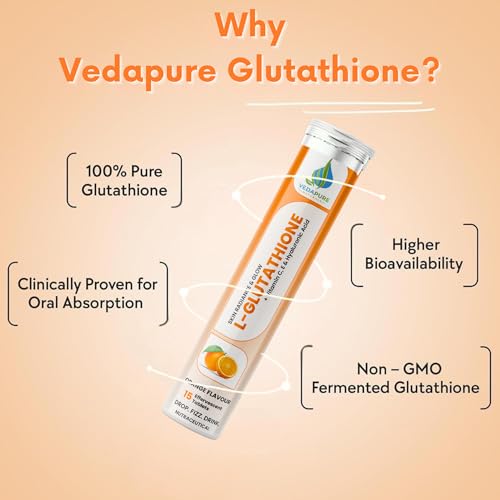 Image of Vedapure L Glutathione Effervescent Tablets with Vitamin C & E | Skin Brightening, Hydration & Collagen Support | For Men & Women | 15 Orange-Flavored Tablets (Pack of 2)