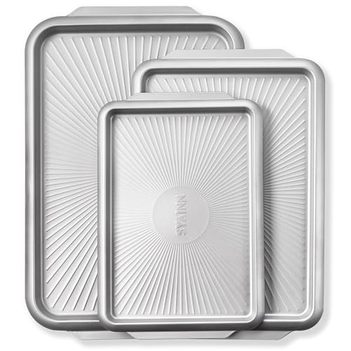 SYAINN Non-stick Ceramic Baking Sheet Set, Pack of 3 - Aluminum Steel Cookie Sheets for Baking - Includes Half/Quarter/Jelly Roll Pans - Warp Resistant, Toxic, PTFE & PFOA Free - Sliver