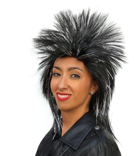 Peluca negra con púas de estrella de rock con oropel plateado, accesorio para disfraz de pelo punk para adultos y adolescentes