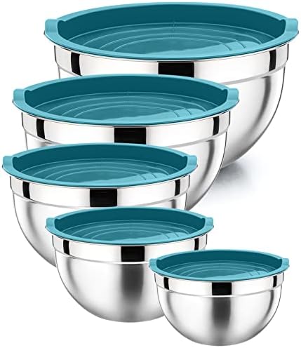 P&P CHEF Mixing Bowls with Airtight Lids Set of 5, 10-Piece Stainless Steel Mixing Nesting Bowl, Metal Bowl with Lid for Kitchen Prepping & Storing, Size 4.6, 3, 1.5, 1, 0.7 QT, Blue - Thumbnail 2
