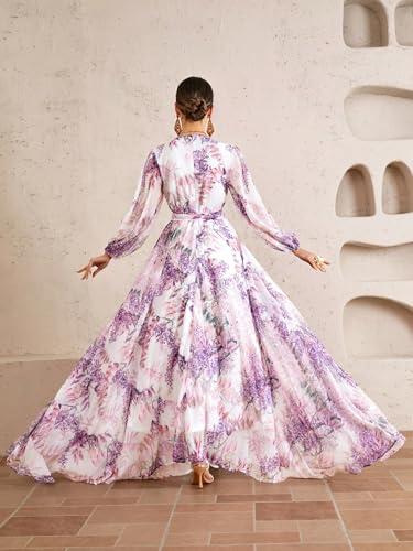 Image of TOLEEN Summer Casual Dresses for Women 2024 Spring Fashion Boho V Neck Long Sleeve Ruffle Floral Print Elegant Maxi Dress