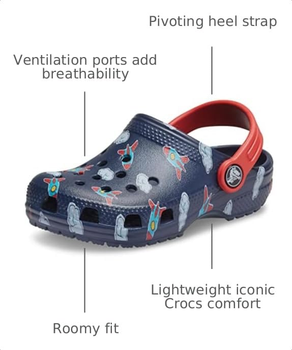 Image of Crocs Kids' Classic Graphic Clog, Rockets /Clouds, 4 Toddler