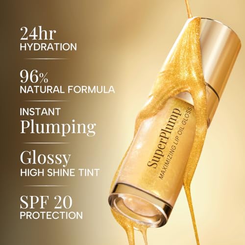 Image of RAS Luxury Oils Hydrating 4-in-1 Super Plump Lip Oil Gloss, Balm, Plumper & Gloss with SPF 20 | Enriched with Natural Oils, Peptides & Hyaluronic Acid - Golden Glow