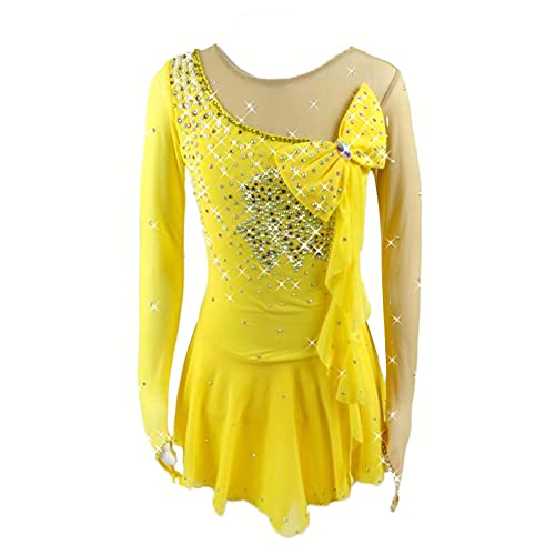 Girls Women Ice Skating Dress Yellow Stretchy Mesh Figure Skating Dance Clothing #TOP20