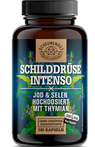 SCHILDDRÜSE INTENSO® Selen Jod Tabletten - WICHTIG: Laborgeprüfter -Umwandler Schilddrüse- Komplex mit Selen, Jod (155µg pro Kapsel) und Thymian -Hochdosiert- Vegan DE SCHEUNENGUT®