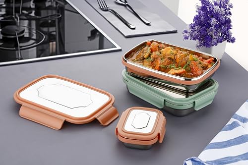 Image of Attro E-lite Stainless Steel Lunch Box with Small Container Sleek & Compact Food Grade Ideal for Office, School, Picnic & Outdoor - 800ml+180ml Peach