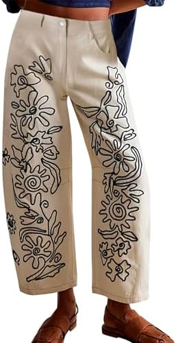 Kederaミドルデニムレディース刺繍ワイドデニムパンツBaggy Boyfriendジーンズポケット付き