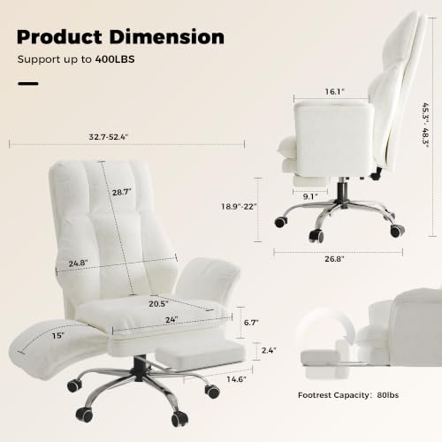 Image of Big and Tall Office Chair, Flip Armrests for Pets & Cross Legged Sitting, Executive Ergonomic Computer Gaming Chair with Foot Rest, Teddy Fleece Wide Seat Reclining Desk Chair, White Vanity Chair