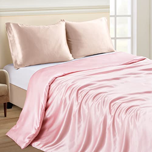 Image of NSGZ Satin Duvet Cover for Weighted Blanket, 60x80, 8 Ties, Pink | 8 Ties And Zipper For Secure Fit, Cooling Satin Gentle On Skin, Machine Washable, Fits 48x72 And 60x80 Weighted Blankets