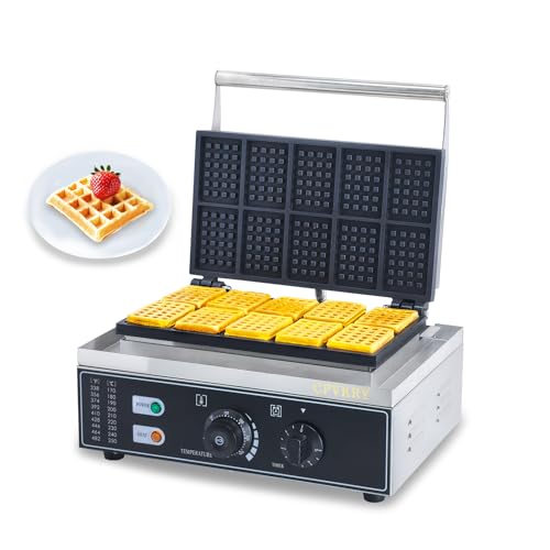 CPVKRY - Waflera rectangular comercial, 10 gofres, antiadherente industrial belga, acero inoxidable, control de temperatura y tiempo de 110 V, adecuado para restaurante, panadería, aperitivos