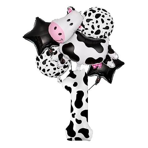 6PCS Cow Foil Balloon Farm Animal Mylar Balloons with 40inch Large Number 1 Balloon for Theme 1st Birthday Party Decorations Supplies (Number1) Cover
