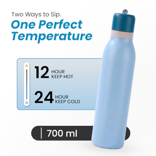 Image of HomeEssentials 700ml Stainless Steel Water Bottle: 3-Layer Insulated Hot & Cold Flask - Leakproof Design - Premium Sports Bottle for School, Office & Home - Sleek Durable Hydration (Blue)