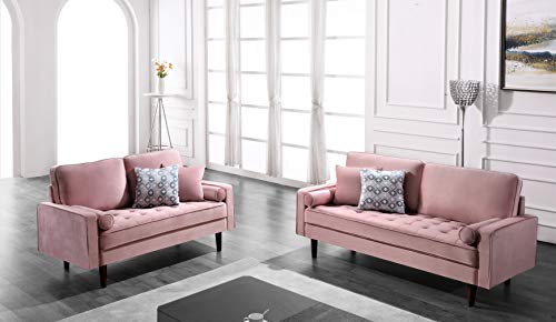 Container Furniture Direct Womble Mid Century Modern Velvet Couch For Living Room With 3 Seater Tufted Seat And Sturdy Wood Frame, Includes Bolster Pillows, Sofa, Rose Pink #TOP1