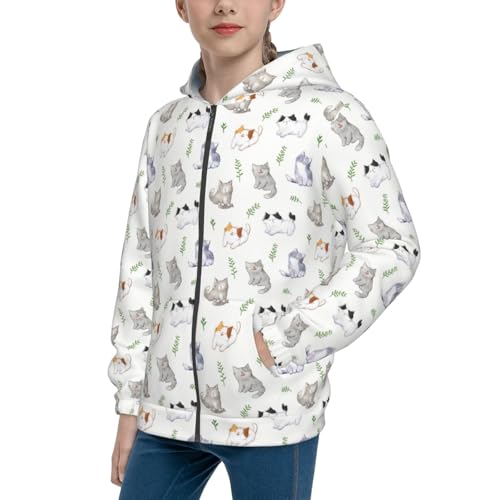 Watercolor Cat and Leaf Kids Pullover Hoodies Boys Zip Up Sweatshirts Girls Athletic Clothes with Pocket