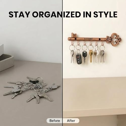 Image of Royal Chavi-Shaped Key Holder /Rajwadi Key Stand with 6 Hook & Brass Metal Wall Mount Key Hanger /Home Decor Gift (Rose Gold)-| 3 Years Warranty |