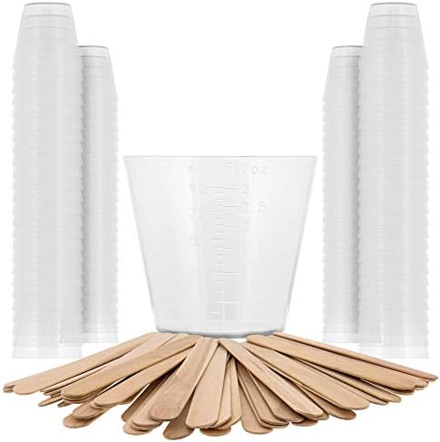 Pouring Masters 3 Ounce (90ml) Graduated Plastic Measuring Cups (100 Clear Cups & 25 Mixing Sticks) - For Acrylic Paint, Resin, Epoxy, Art, Kitchen, Cooking, Medicine, Laboratory - OZ, ML Measurements
