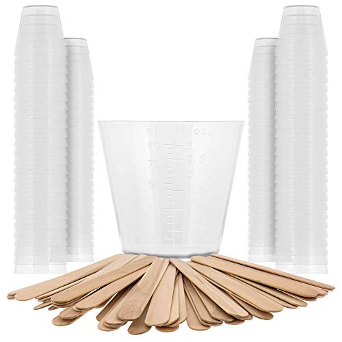 Pouring Masters 3 Ounce (90Ml) Graduated Plastic Measuring Cups (100 Clear Cups & 25 Mixing Sticks) - For Acrylic Paint, Resin, Epoxy, Art, Kitchen, Cooking, Medicine, Laboratory - Oz, Ml Measurements #TOP18