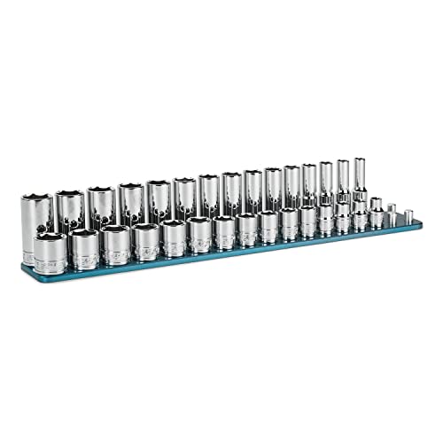 Image of Capri Tools 3 /8 in. Drive Master Chrome Socket Set, 6-Point, 8 to 22 mm, Shallow and Deep with Billet Aluminum Rail