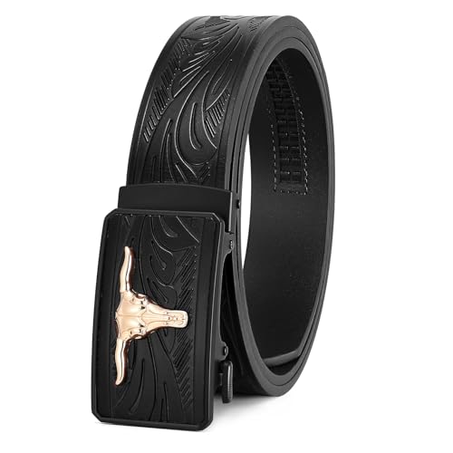 UpFind Western Ratchet Belts for Men Leather Black Cowboy Belts for Men with Automatic Western Buckle for Jeans Mens Present