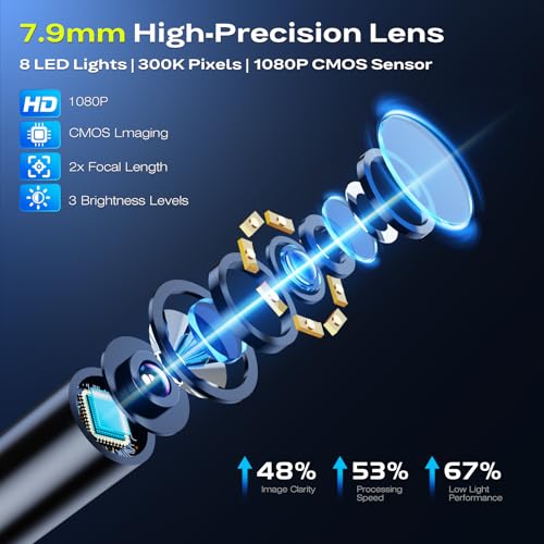 Image of Endoscope Borescope Camera with Light, 4.3 inch IPS 1920P HD Inspection Camera | AukonVee IP67 Waterproof 7.9mm Probe, 8 Adjustable LEDs, 50ft Semi-Rigid Snake Cable for Pipe, HVAC, Automotive & Sewer