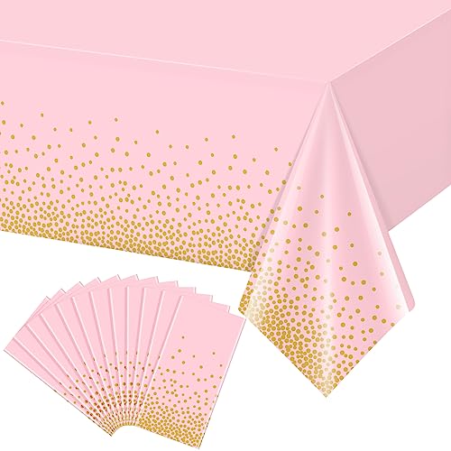 Image of 12 Pack Pink and Gold Plastic Tablecloth for Parties, Pink Disposable Table Cloth for Rectangle Tables, Gold Stamping Dot Confetti Light Pink Tablecloth for Birthday Wedding Baby Shower Party, 54x108 inch