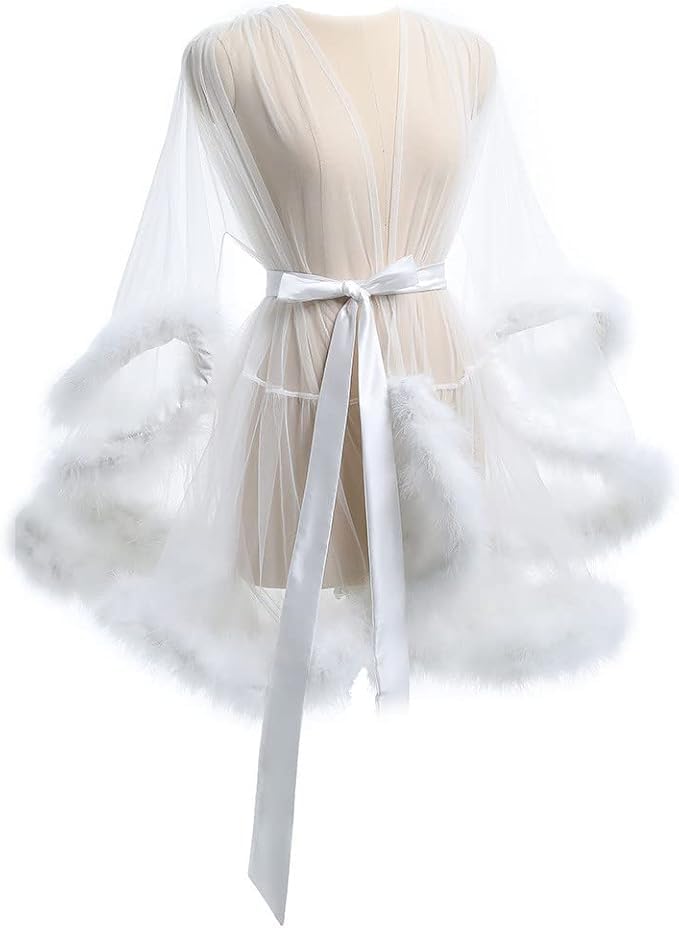 Robes For Women Tulle Robe with Faux Fur Trim, Sexy,Soft and Comfortable,Perfect for Spa Nights and Maternity Photoshoot