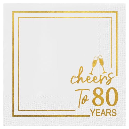 Horaldaily 50 Pack Cheers to 80 Years Cocktail Napkins, 5x5 Inches White and Gold Foil Birthday Decorations Paper Napkins for Party Anniversary Lunch Dinner
