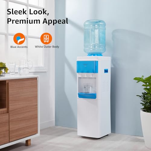 Image of Amazon Basics Hot and Cold Floor Standing Water Dispenser - Top Loading, 20 litres | White & Blue | Compact Design with Hot, Cold and Normal Temperature Settings