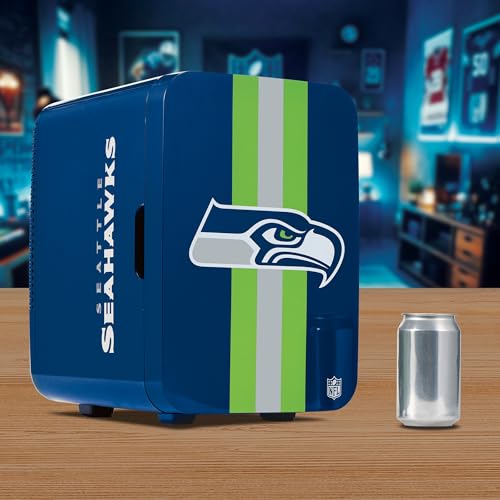 Image of Ukonic NFL Seattle Seahawks 15-Can Mini Fridge 10L - AC /DC Powered, Official Team Colors & Logo, Portable Cooler for Tailgates, Home, Office, or Car