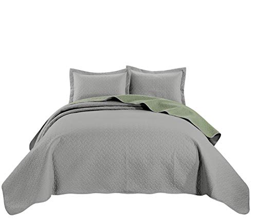 Chezmoi Collection Mesa 3-Piece Oversized Reversible Bedspread Coverlet Set (King, Gray/Sage)