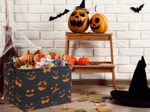 Image of Rectangular Halloween Basket for Boys and Girls Kids Trick or Treat Pumpkin Basket for Halloween Parties Cute Storage Bin Organizer Box Room Decor(Black Pumpkin Face)